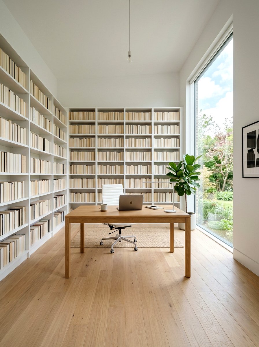 Modern Minimalist Library Office - 30 calm neutral office ideas