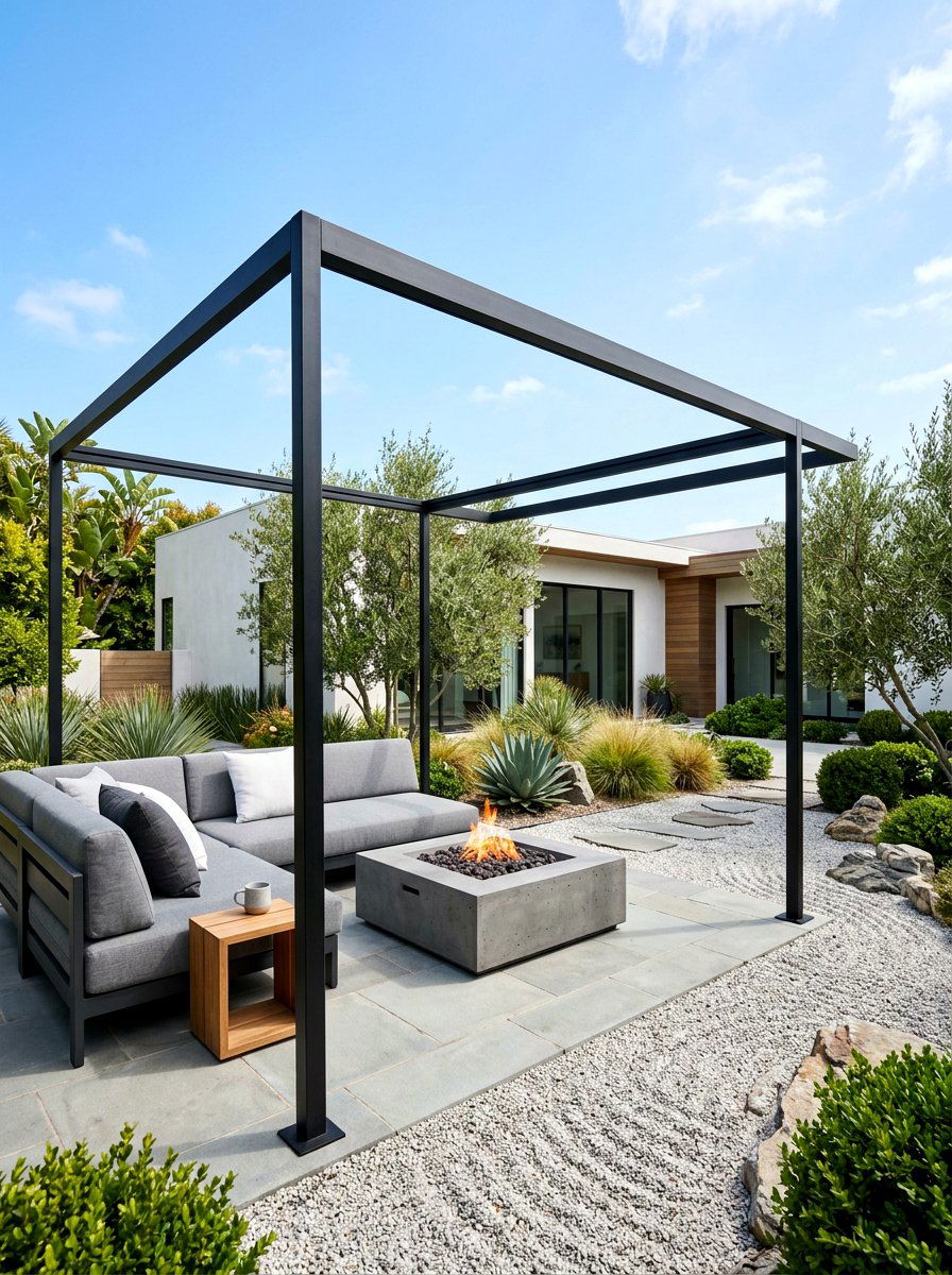 Modern Minimalist Pergola - 30 fire pit pergola ideas