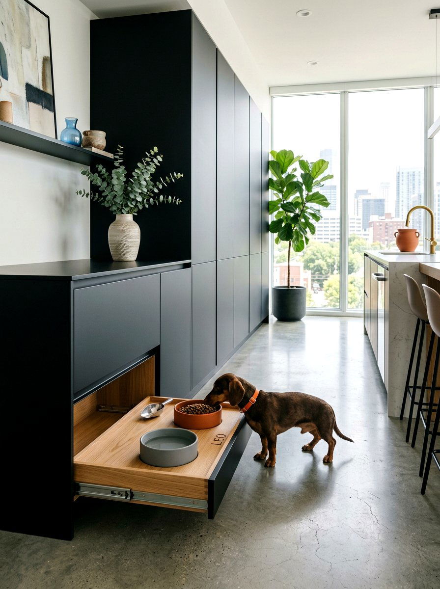 Modern Minimalist Pet Feeding Drawer - 30 pet feeding drawer ideas aesthetic