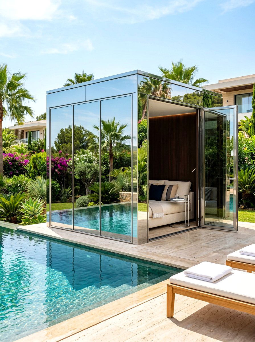 Modern Mirrored Pool Cabana - 30 poolside daybed cabana ideas