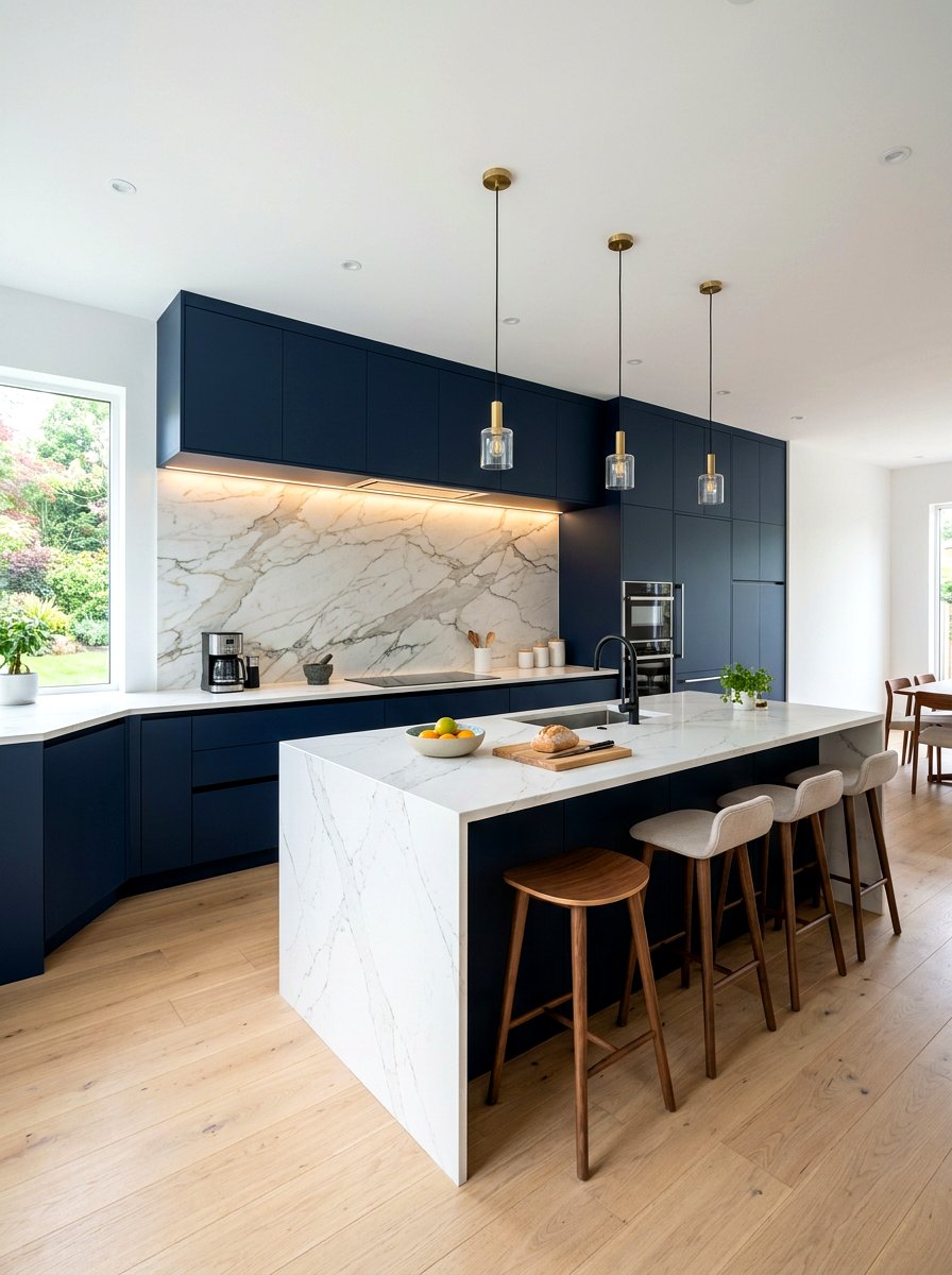 Modern Navy Kitchen Marble Backsplash - 30 navy kitchen cabinet ideas