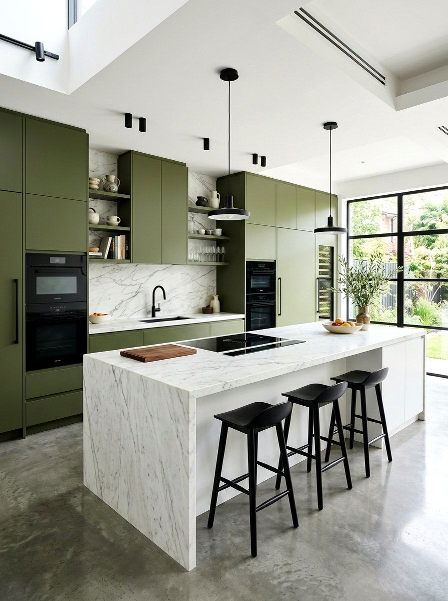 Modern Olive Green Kitchen With Marble - 30 olive green kitchen aesthetic ideas