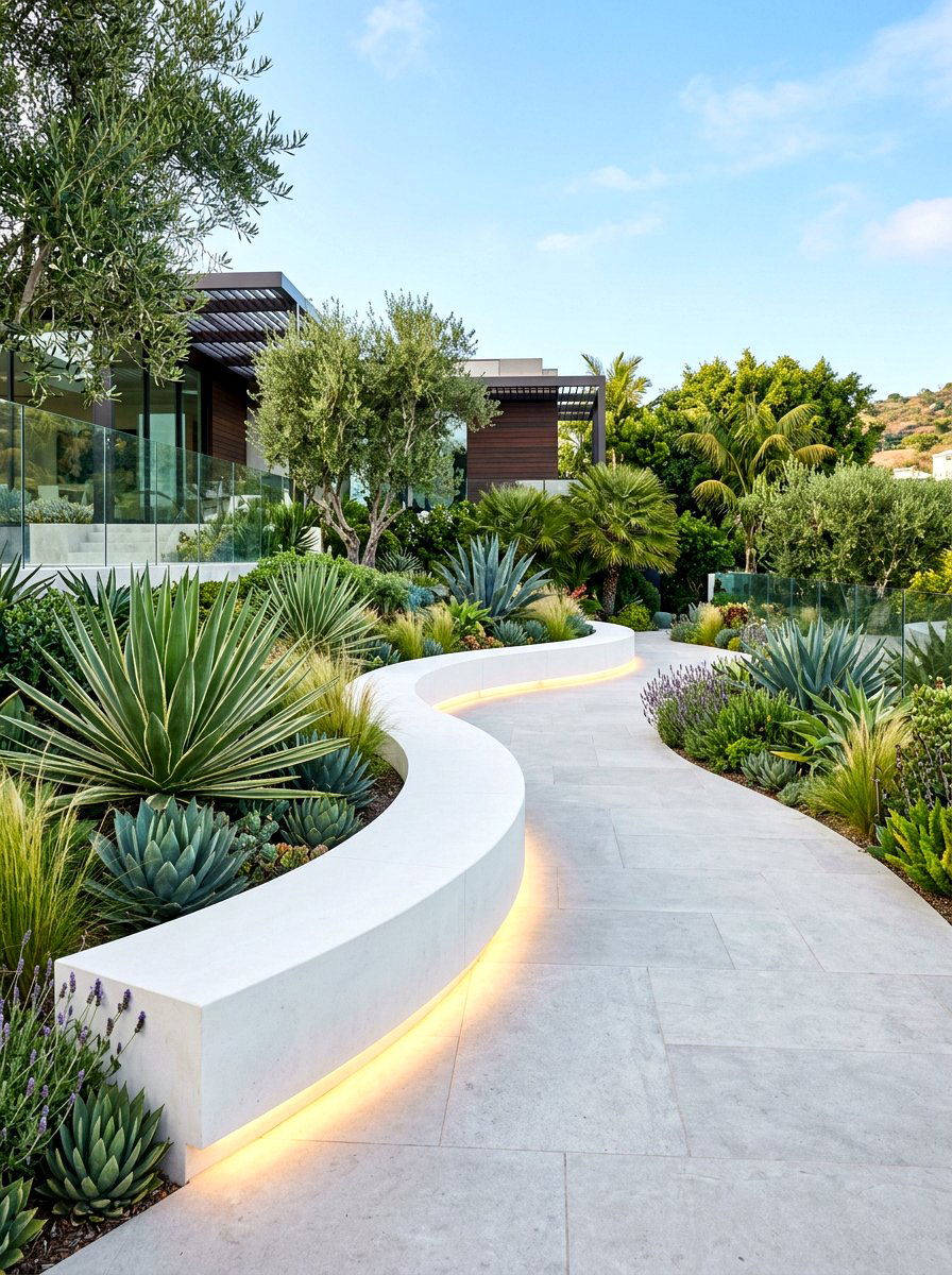 Modern Paved Garden With Curved Bench - 30 curved bench garden ideas