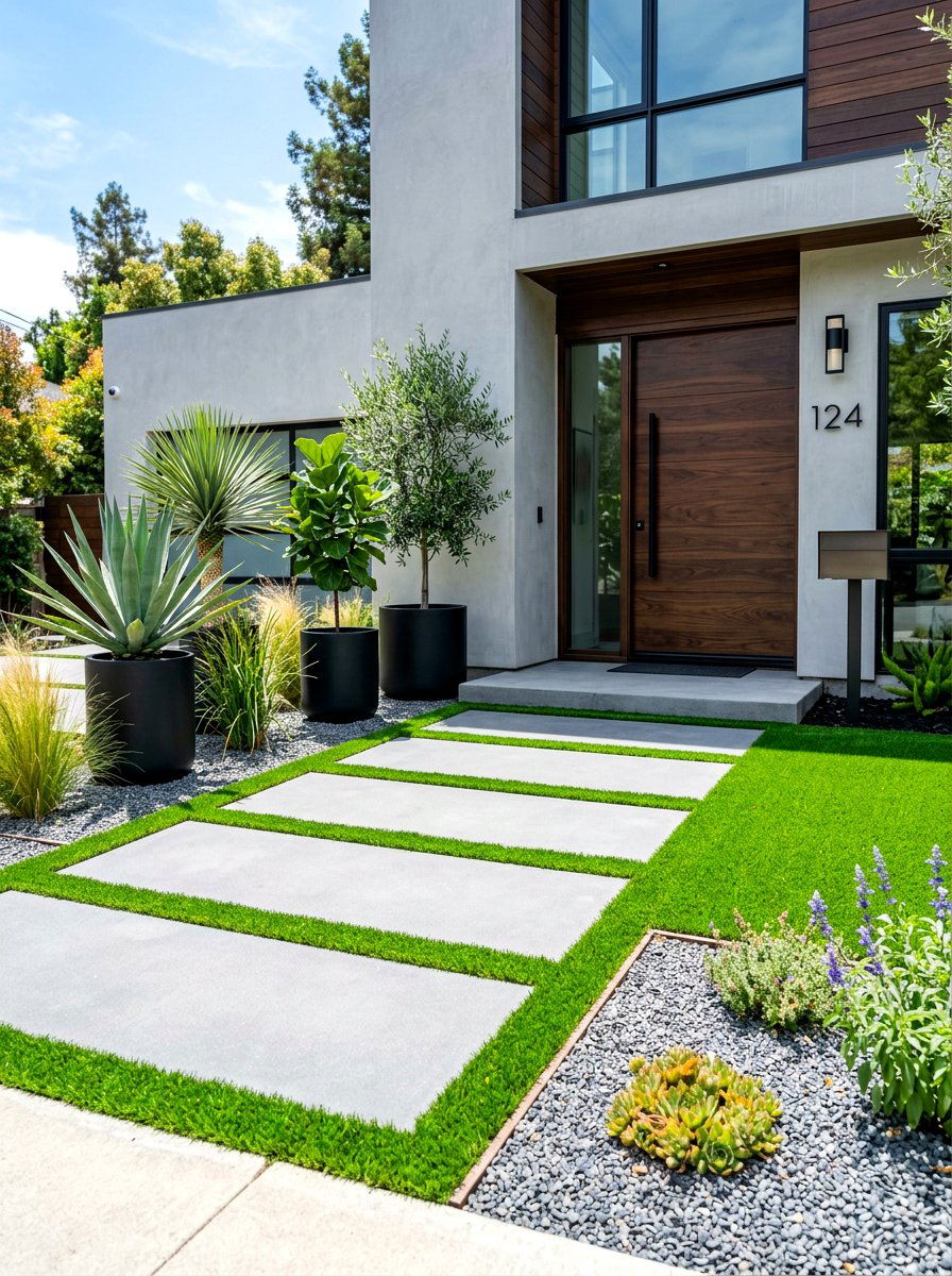 Modern Paver Walkway - 30 artificial grass front yard ideas