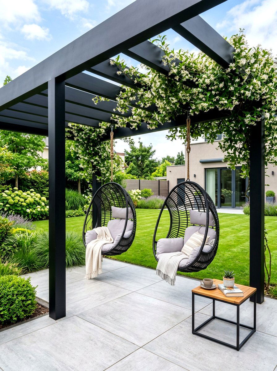 Modern Pergola With Hanging Chairs - 30 backyard lounge zone ideas