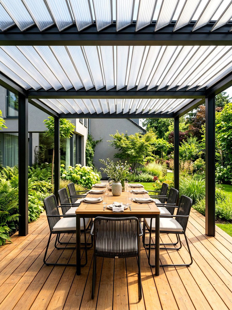 Modern Pergola with Polycarbonate Slats - 30 rainproof patio ideas