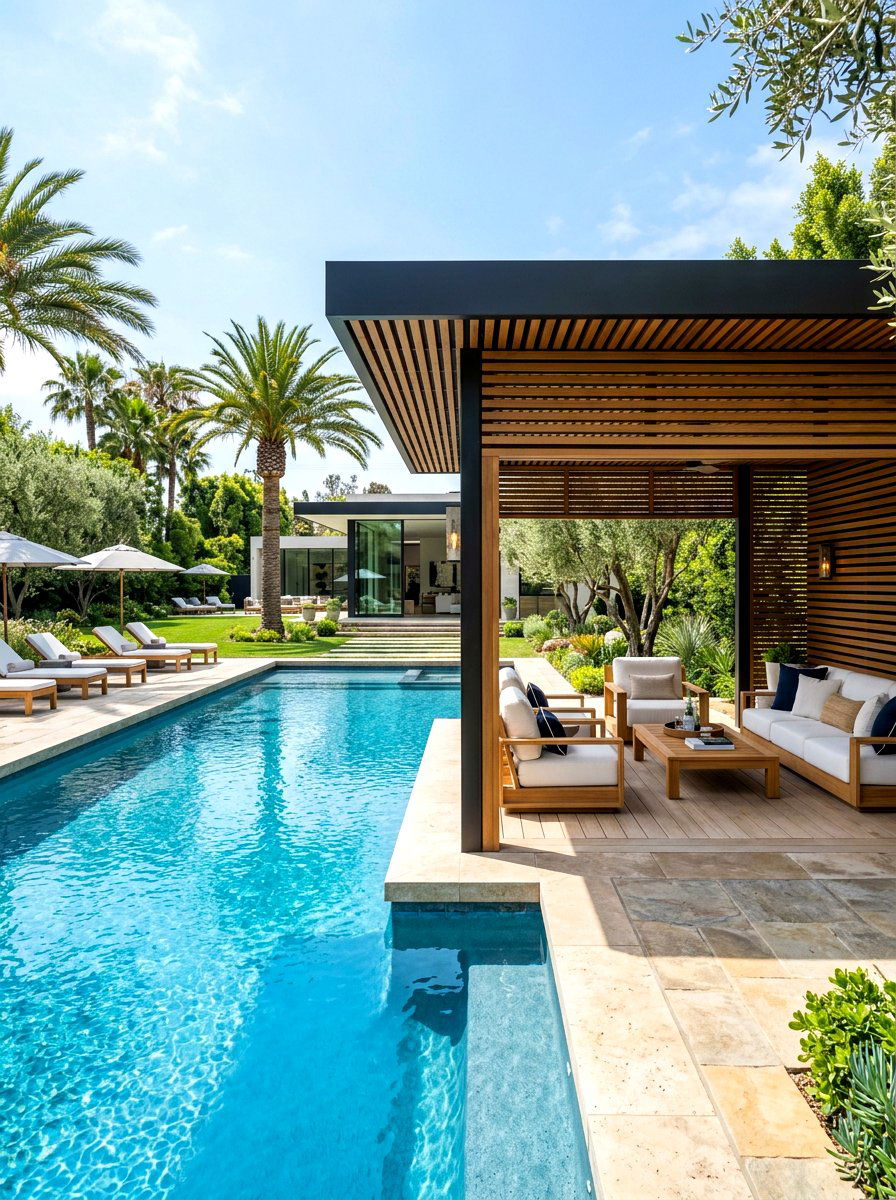 Modern Poolside Cabana - 30 pool landscaping ideas