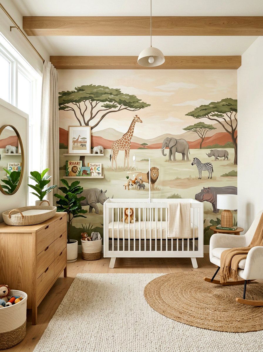 Modern Safari Feature Wall - 30 safari wall mural nursery ideas
