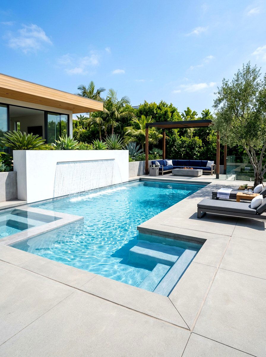 Modern Sheer Descent Pool - 30 pool waterfall ideas