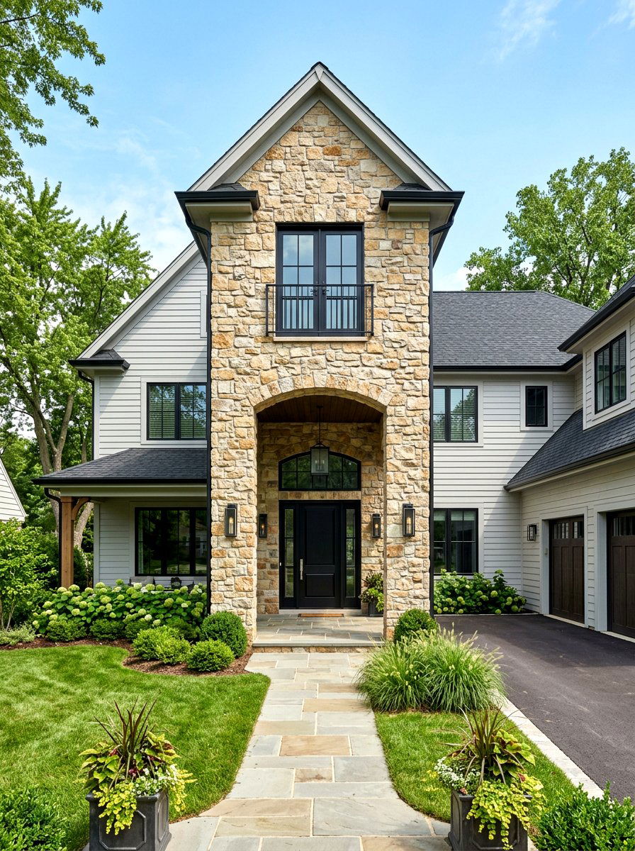 Modern Shiplap Siding With Stone Entrance Accents - 30 mixed siding exterior ideas