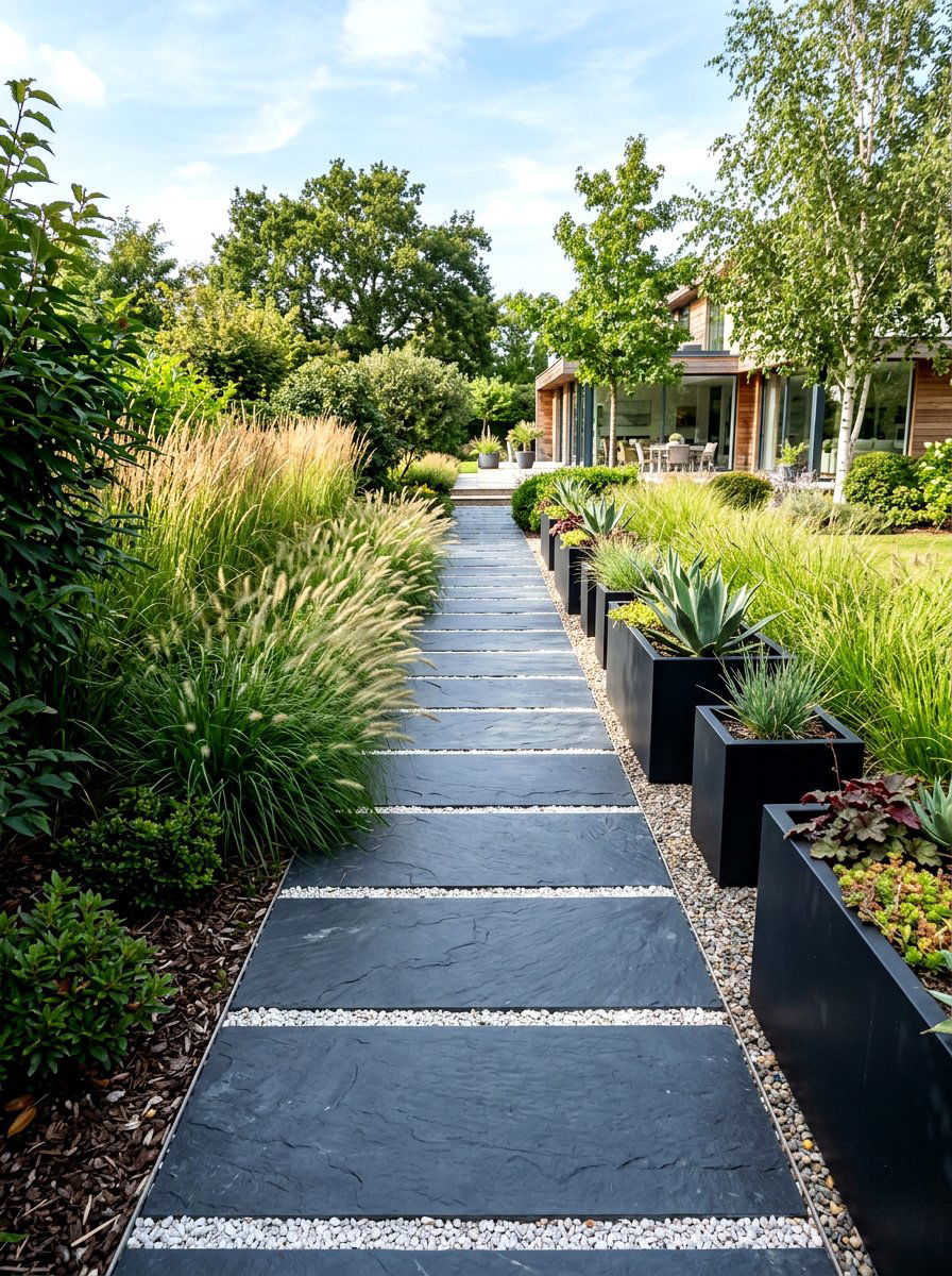 Modern Slate Walkway - 30 stepping stone backyard path ideas