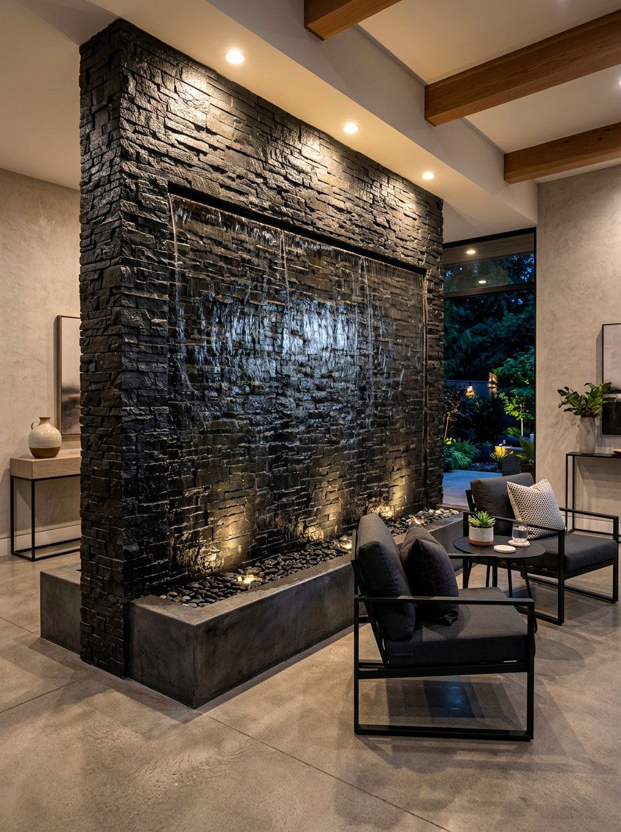 Modern Slate Water Wall - 30 backyard water feature ideas