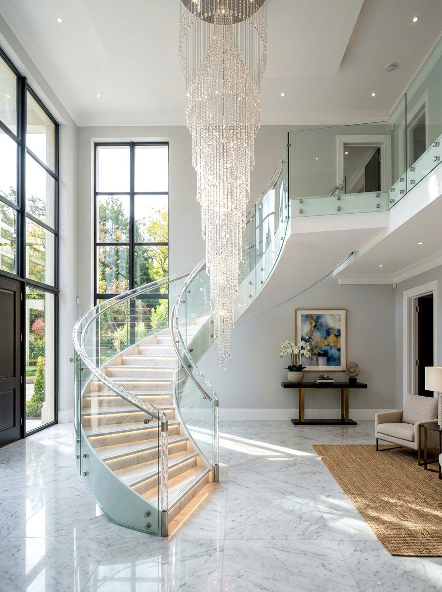 Modern Spiral Crystal Staircase - 30 stairway chandelier ideas