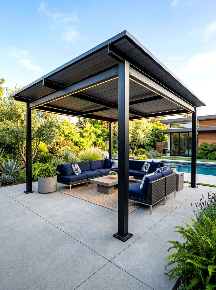 Modern Steel Pergola - 30 rainproof patio ideas