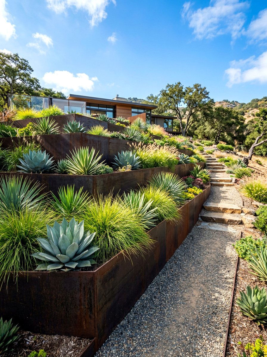 Modern Steel Planters - 30 tiered backyard ideas