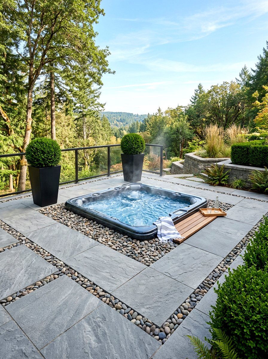 Modern Stone Deck - 30 hot tub patio decor ideas aesthetic
