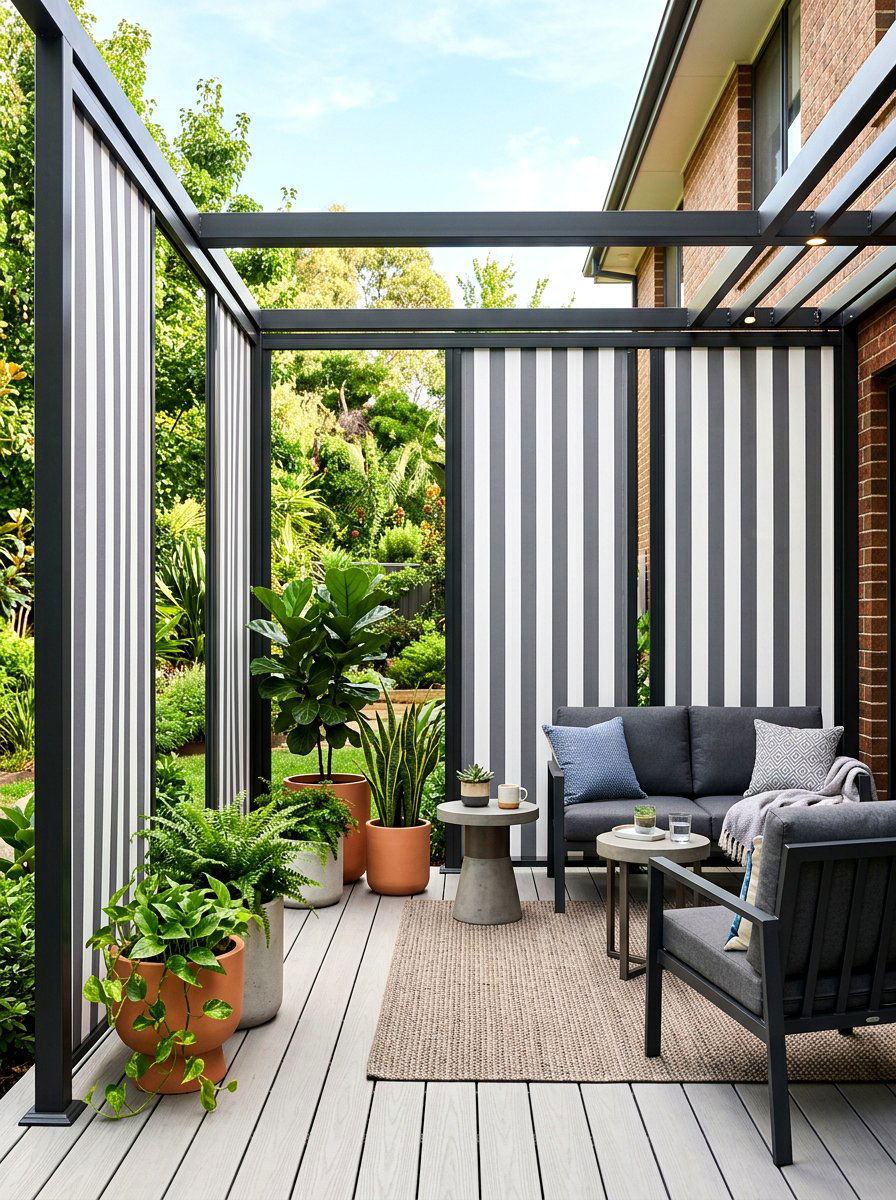 Modern Striped Privacy Screen Patio - 30 striped cabana backyard ideas
