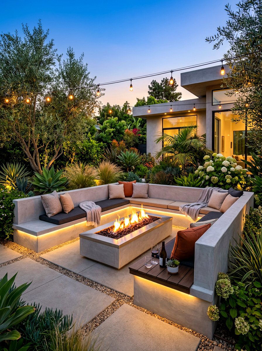 Modern Stucco Fire Pit Lounge - 30 textured stucco backyard ideas