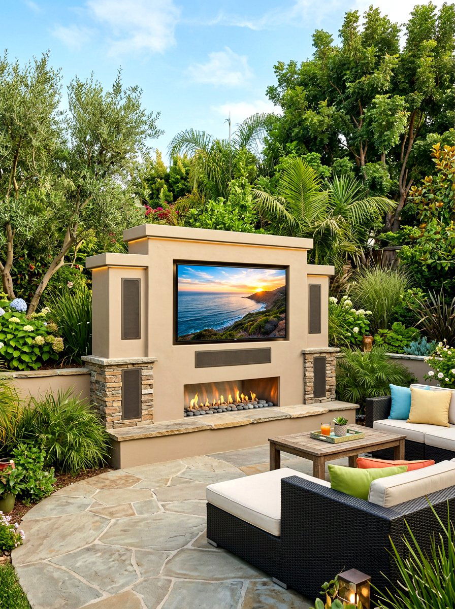 Modern Stucco Outdoor Media Wall - 30 textured stucco backyard ideas