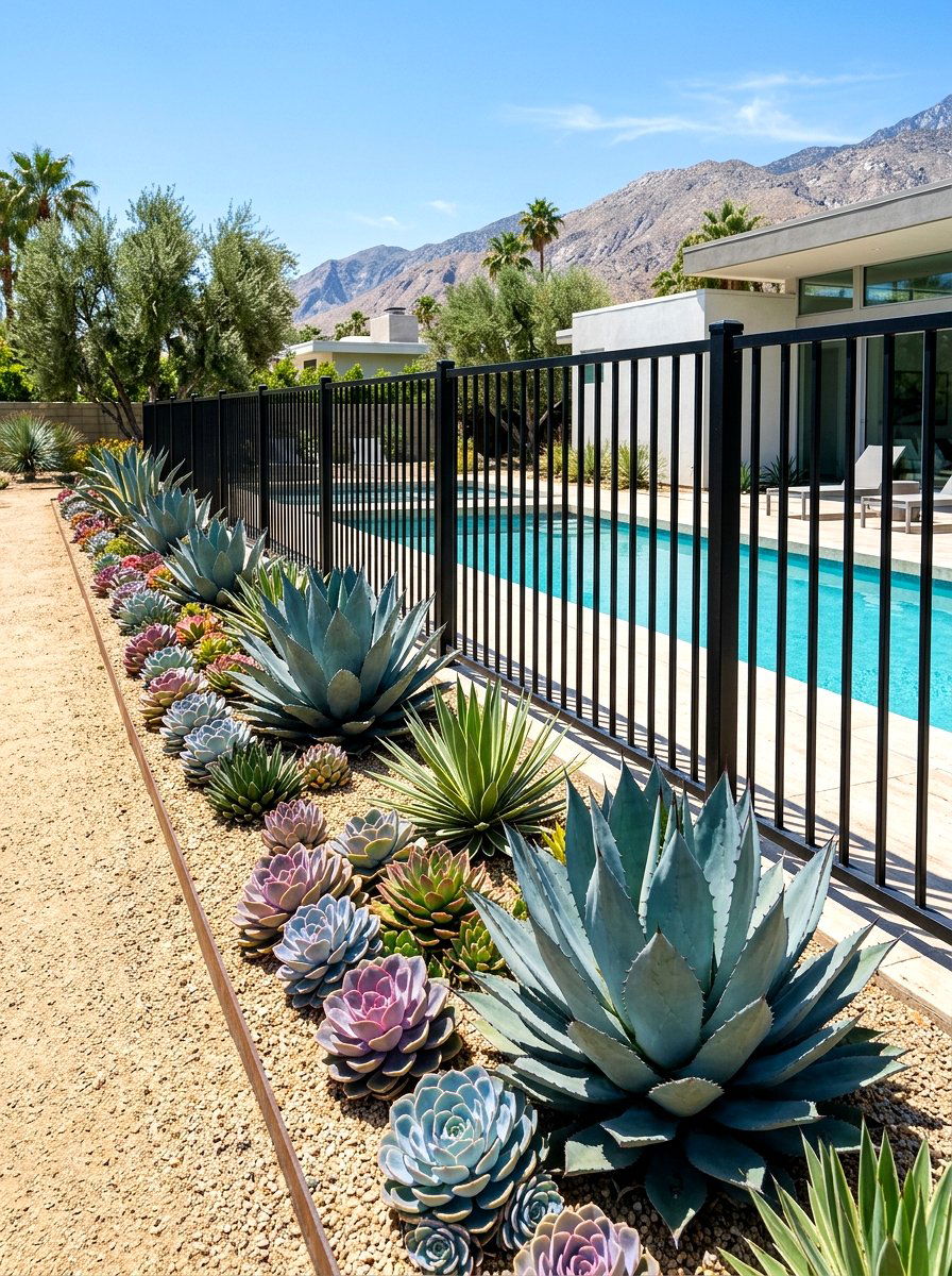 Modern Succulent Garden Border - 30 pool fence landscaping ideas