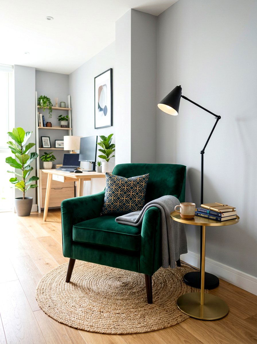 Modern Velvet Armchair Corner - 30 office reading corner ideas