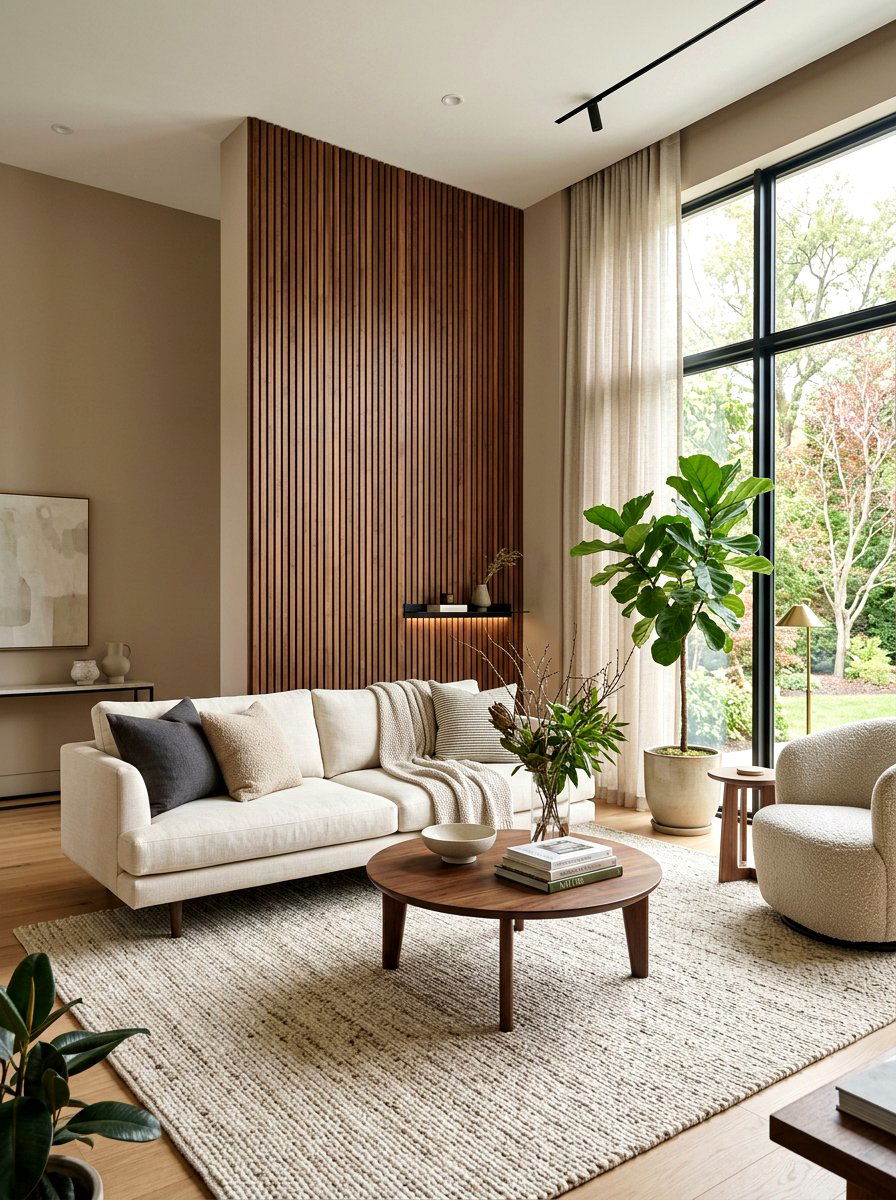 Modern Walnut Wood Paneling Living Room - 30 mushroom and walnut living room ideas