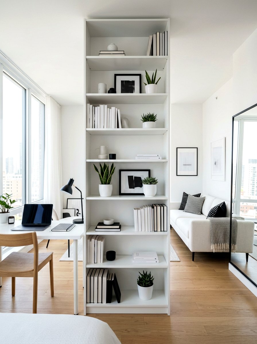 Modern White Bookshelf - 30 studio apartment divider shelf ideas