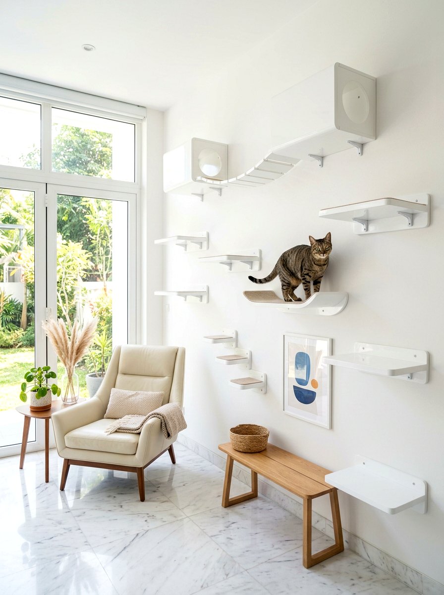 Modern White Floating Cat Shelf Wall - 30 cat shelf wall ideas