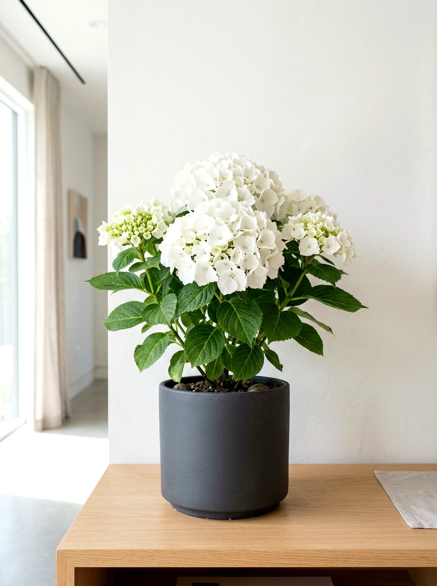 Modern White Hydrangea Minimalist Pot - 30 hydrangea porch planter ideas