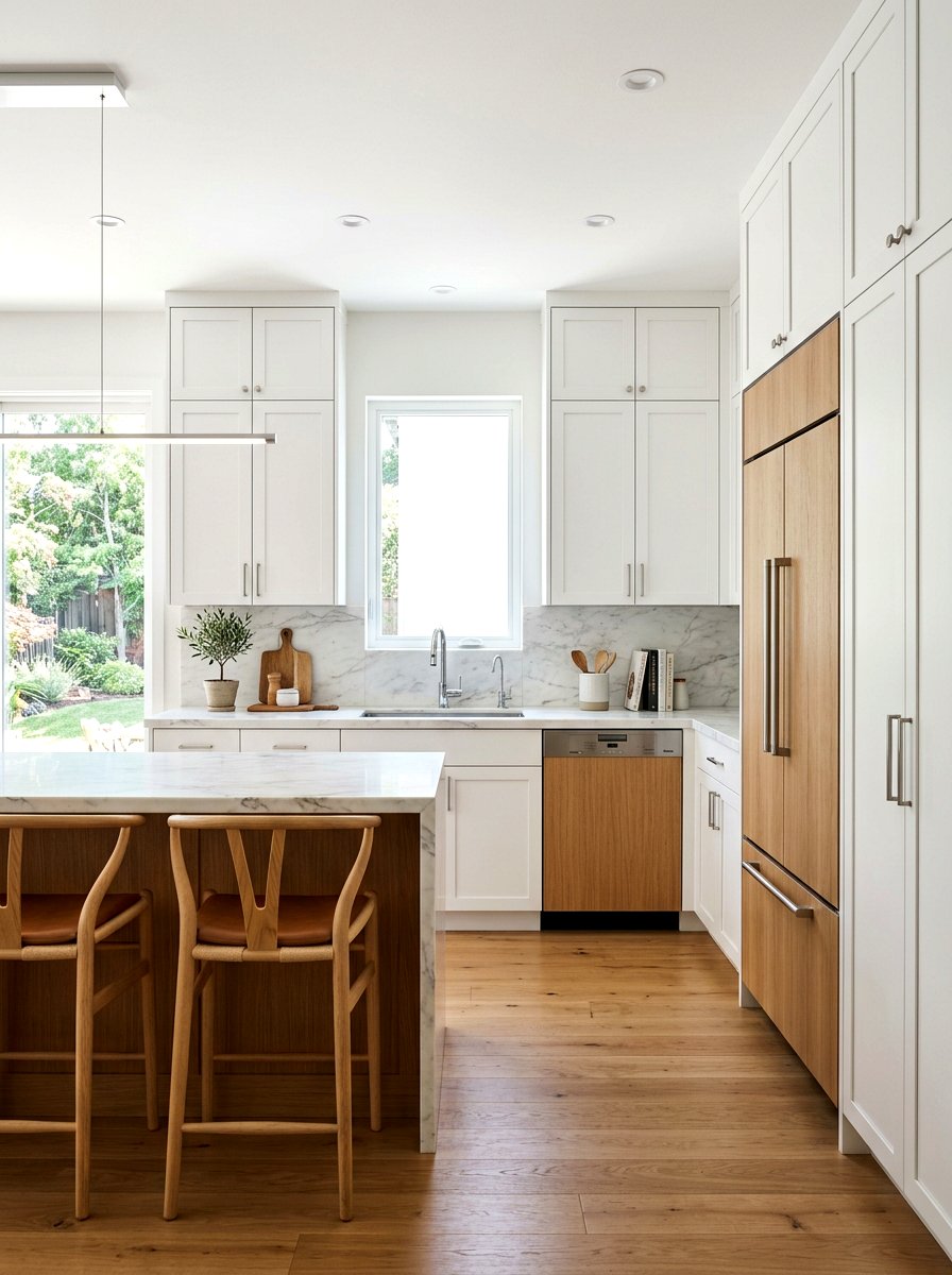 Modern White Kitchen With Wood Panel Appliances - 30 white and wood kitchen ideas