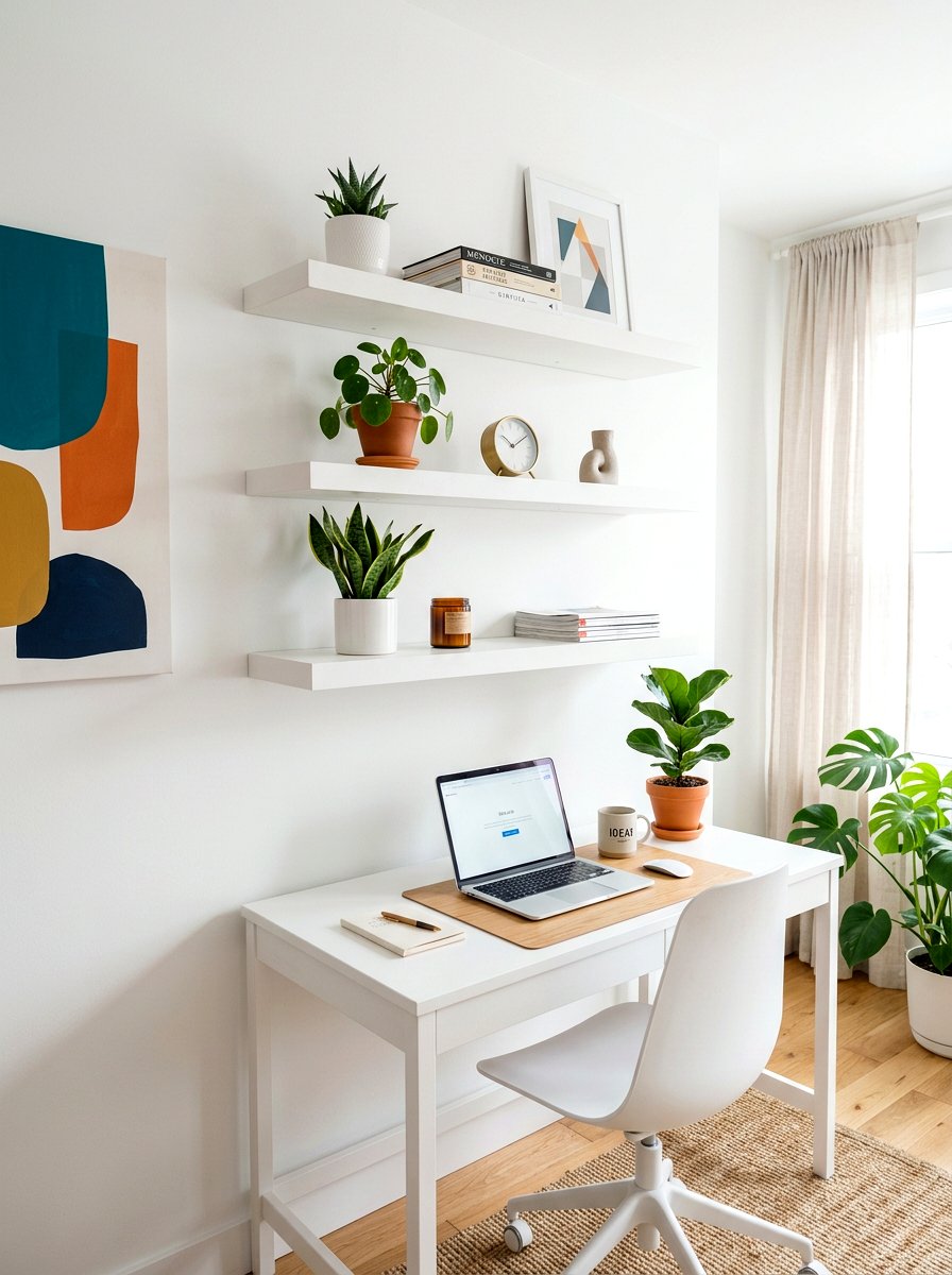 Modern White Office Floating Shelves - 30 white office built in ideas