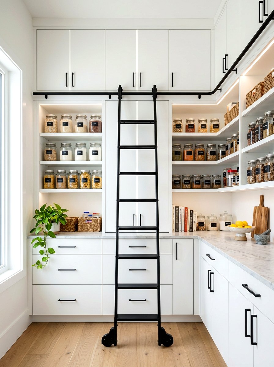 Modern White Pantry With Black Ladder - 30 pantry with library ladder ideas
