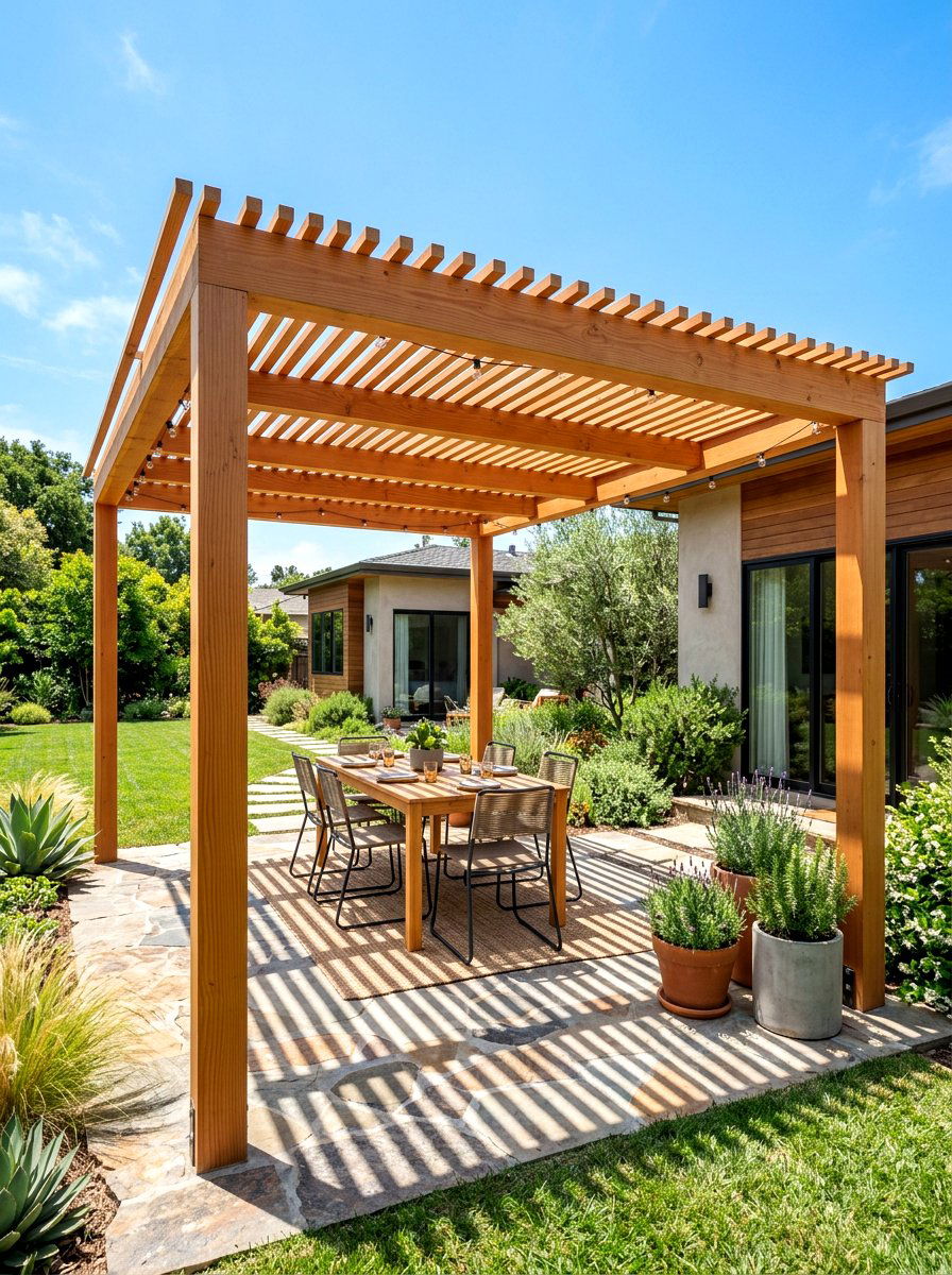 Modern Wood Pergola - 30 warm minimalist backyard ideas