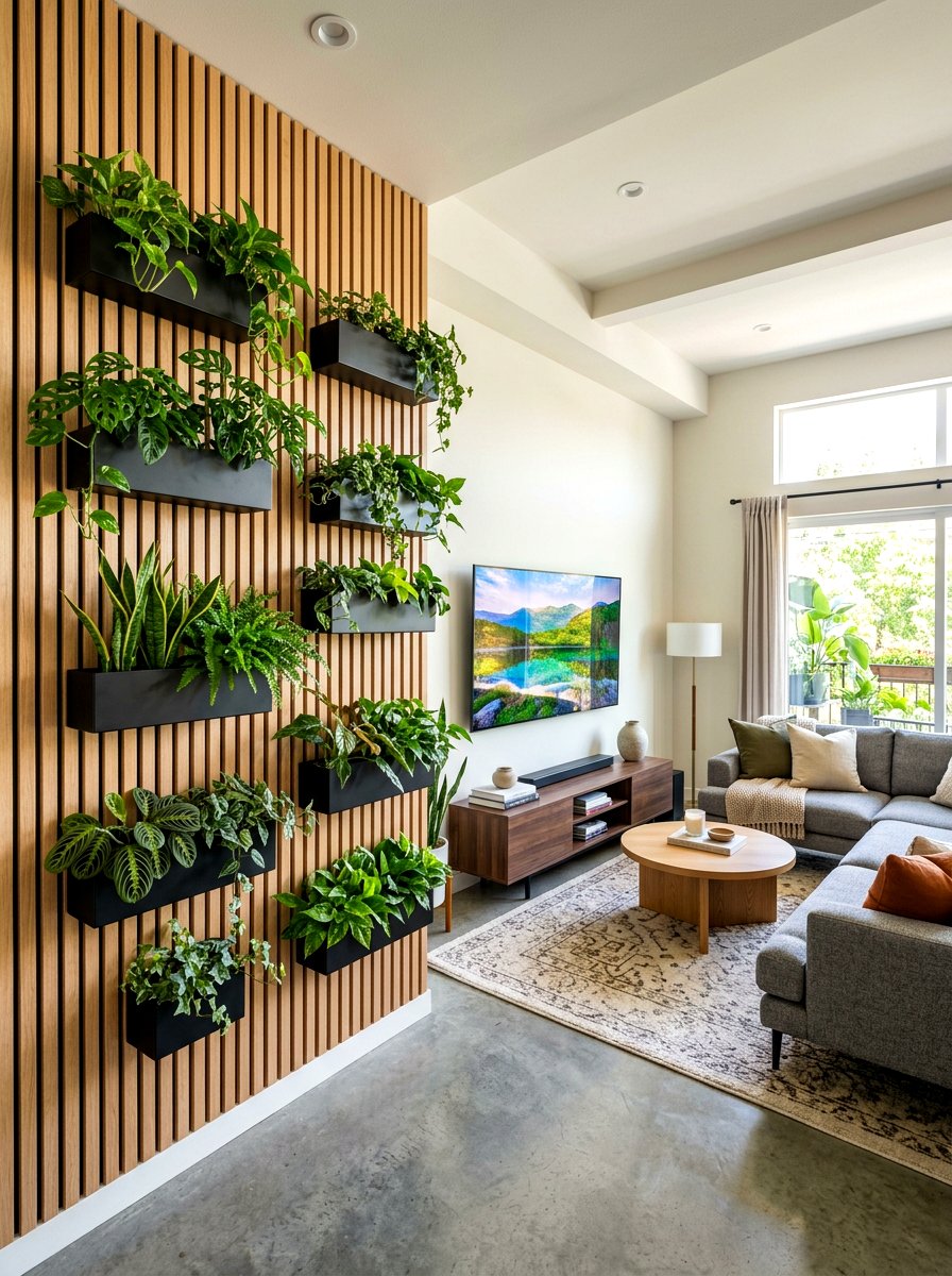 Modern Wood Slat Plant Wall - 30 living room plant wall ideas