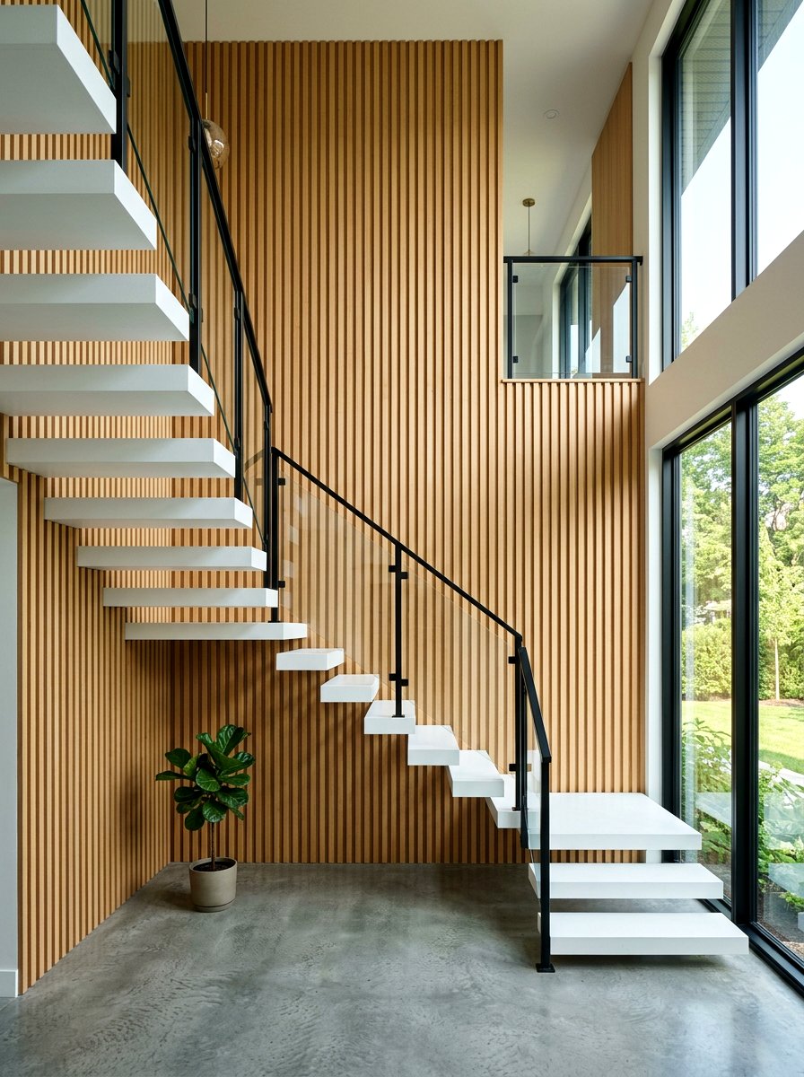 Modern Wood Slat Wall - 30 staircase wall panel ideas