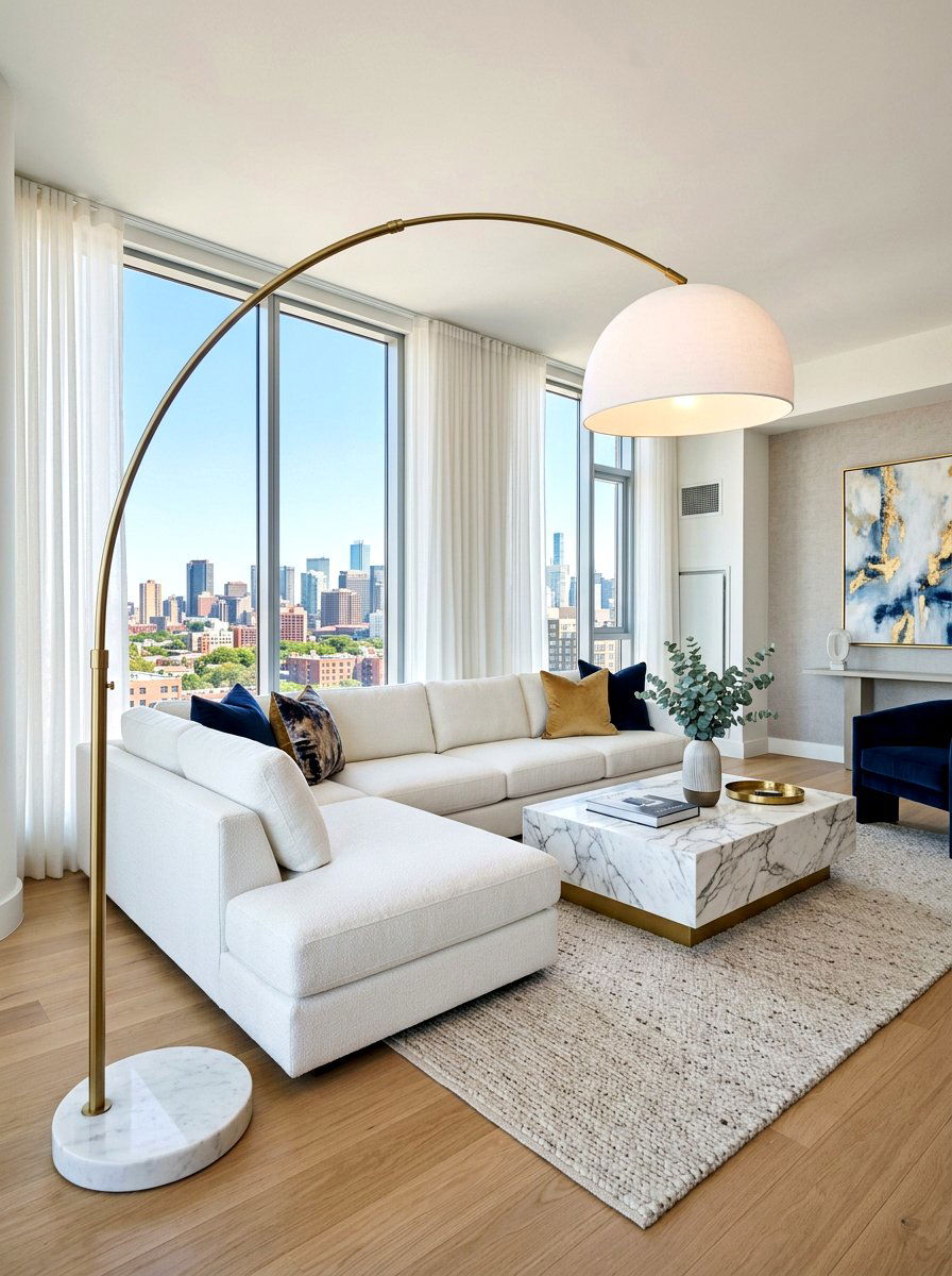Modern arc lamp - 30 cozy lamp lit living room ideas