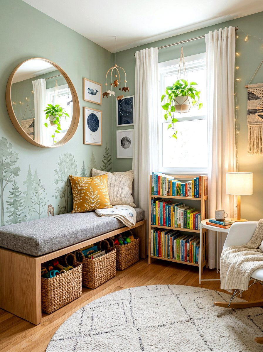 Modern bench nursery reading nook - 30 nursery reading corner ideas