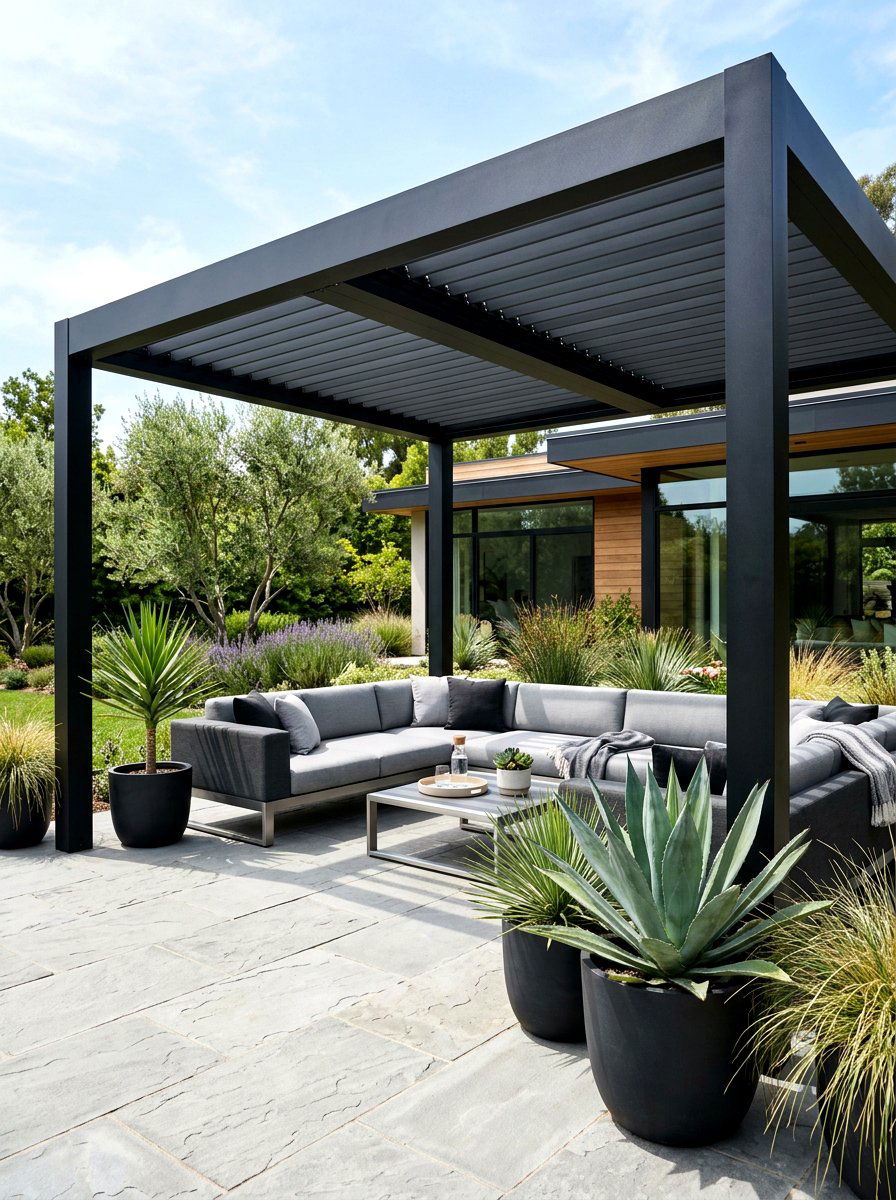 Modern black aluminum pergola - 30 pergola lounge patio ideas