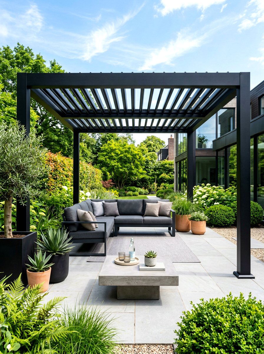 Modern black aluminum pergola - 30 louvered pergola ideas