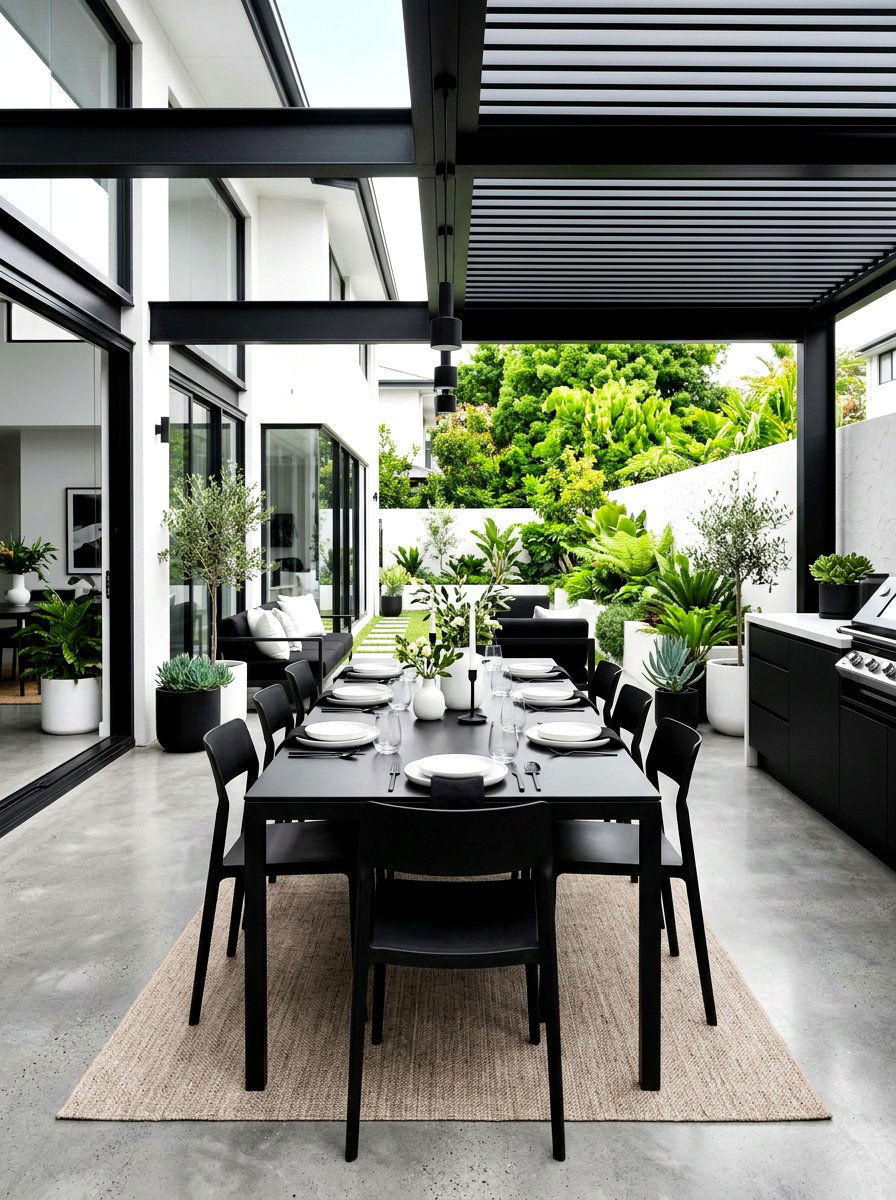 Modern black and white alfresco - 30 summer patio tablescape ideas
