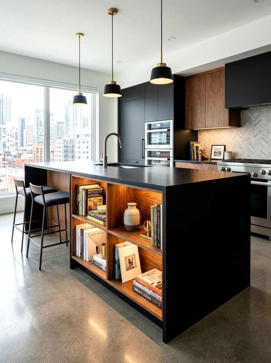 Modern black and wood island bookshelf - 30 island bookshelf ideas