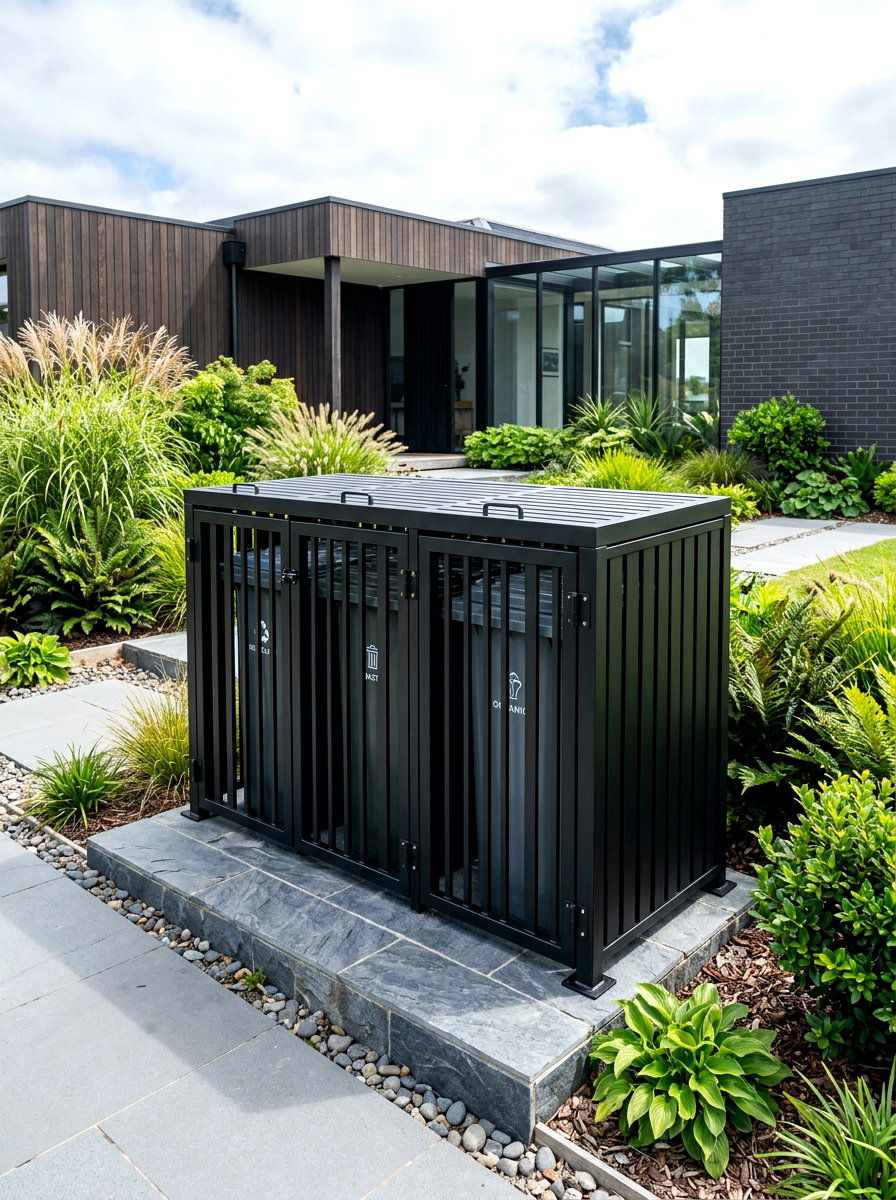 Modern black bin enclosure - 30 trash can enclosure ideas