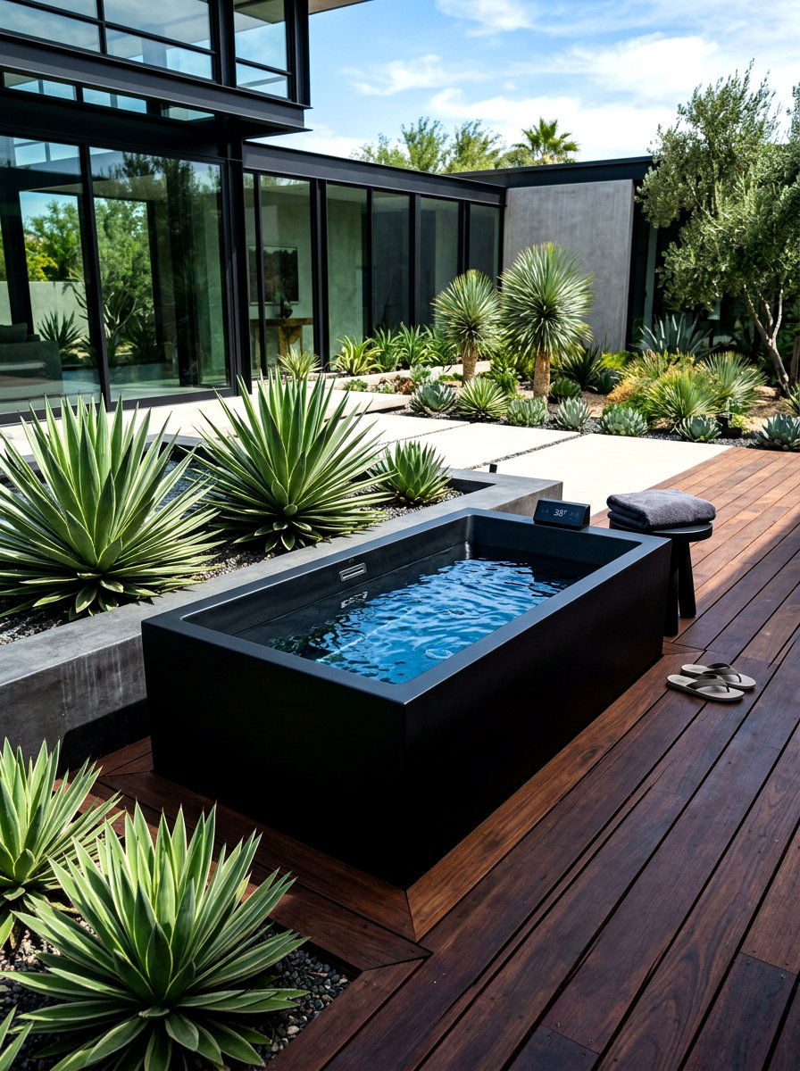 Modern black cold plunge - 30 cold plunge backyard ideas