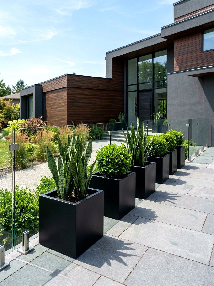 Modern black cube planters - 30 porch container garden ideas