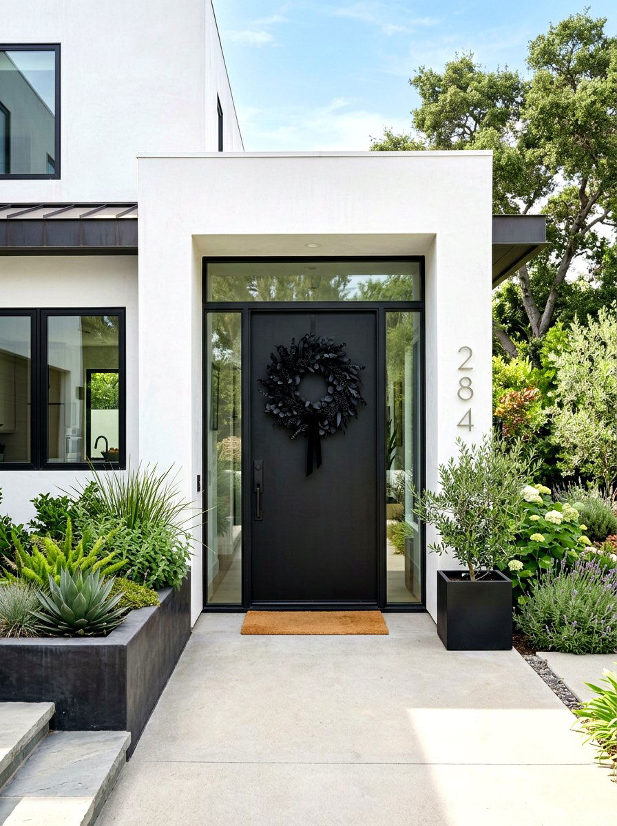 Modern black door wreath - 30 exterior wreath display ideas