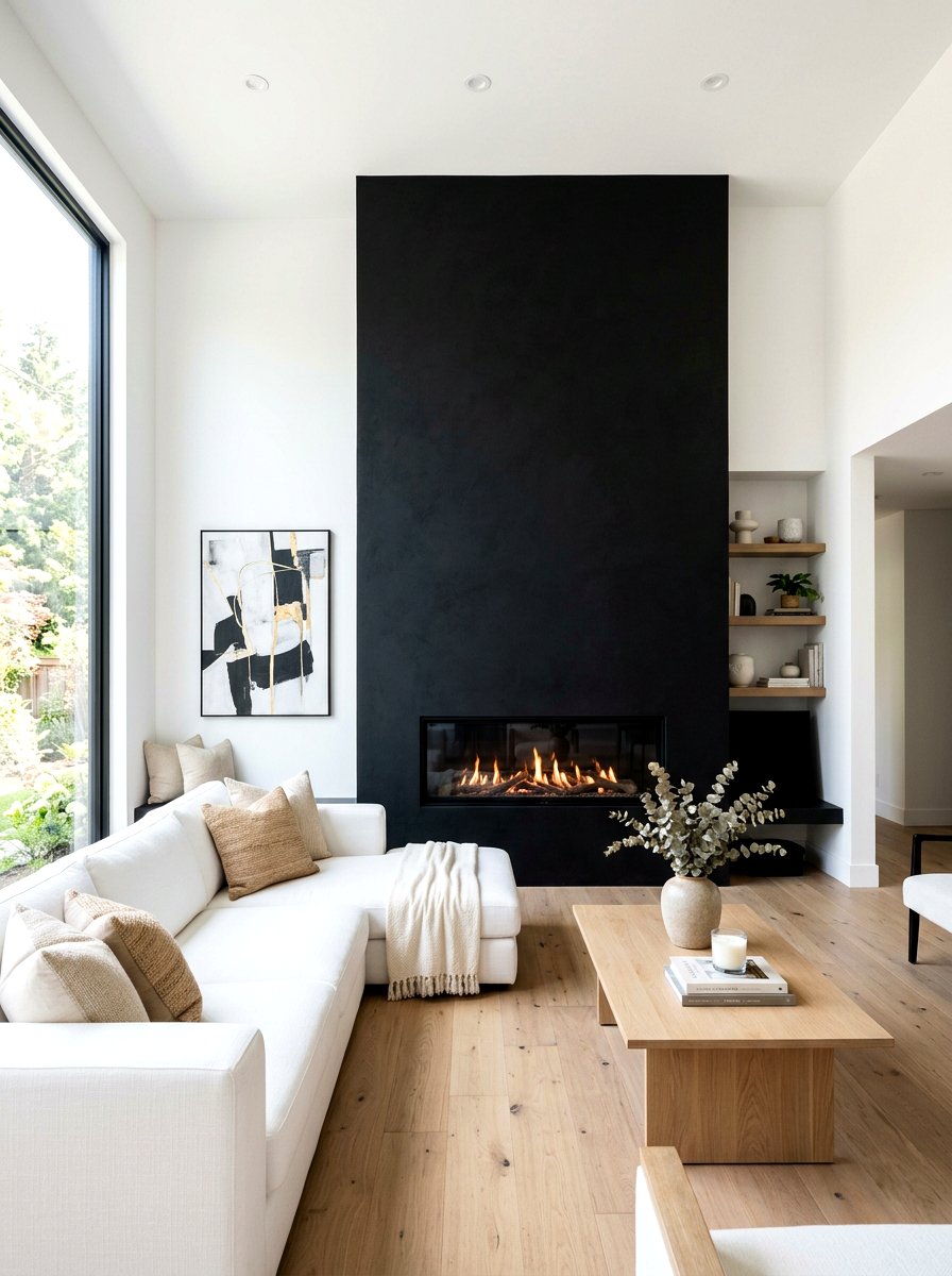 Modern black fireplace wall - 30 off center fireplace ideas