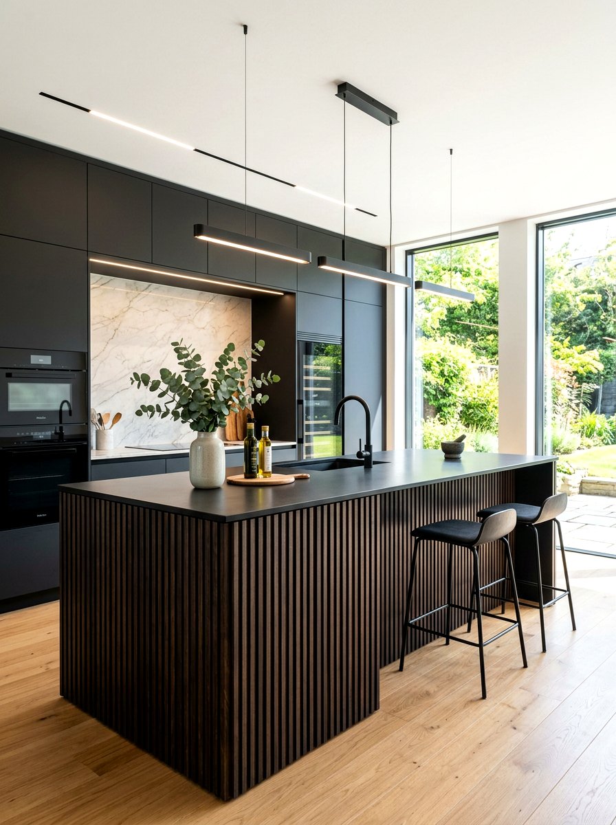 Modern black fluted kitchen island - 30 statement island kitchen ideas