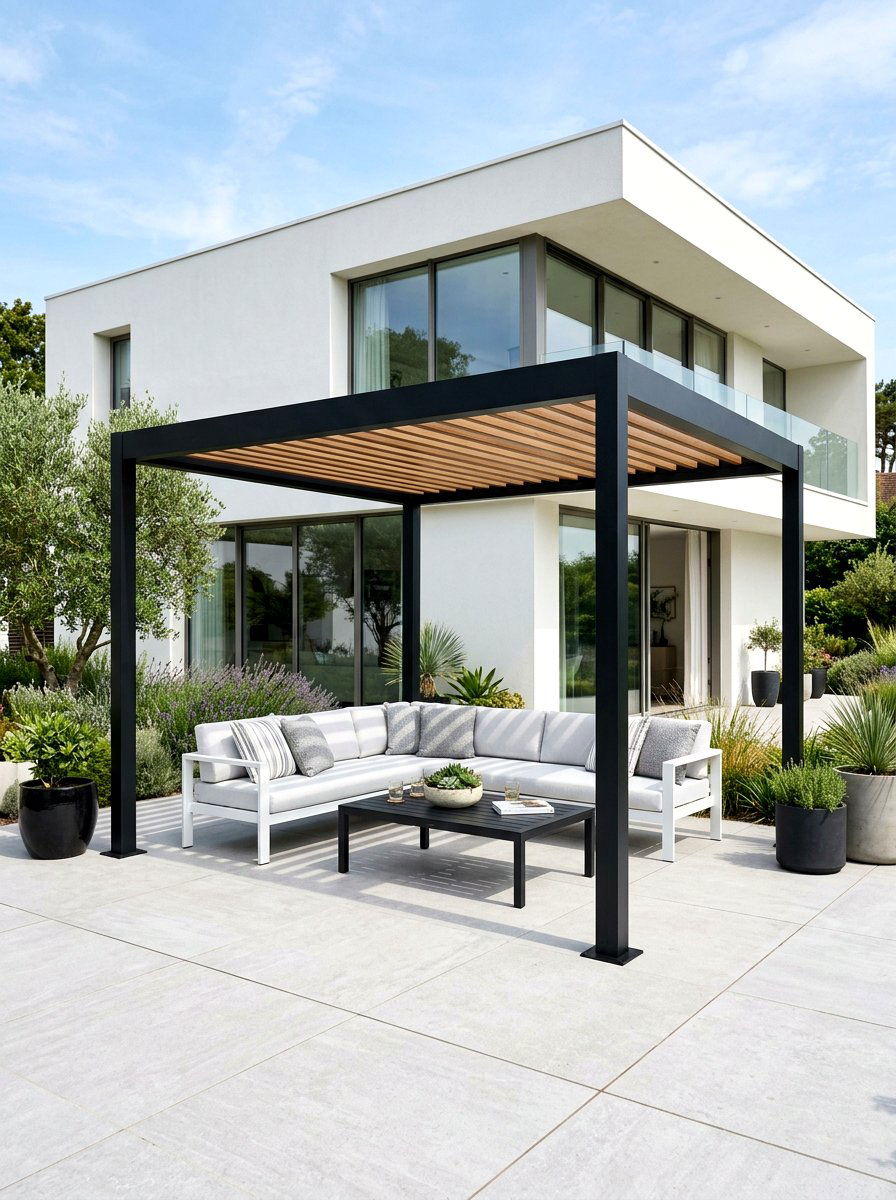 Modern black frame pergola - 30 patio canopy ideas