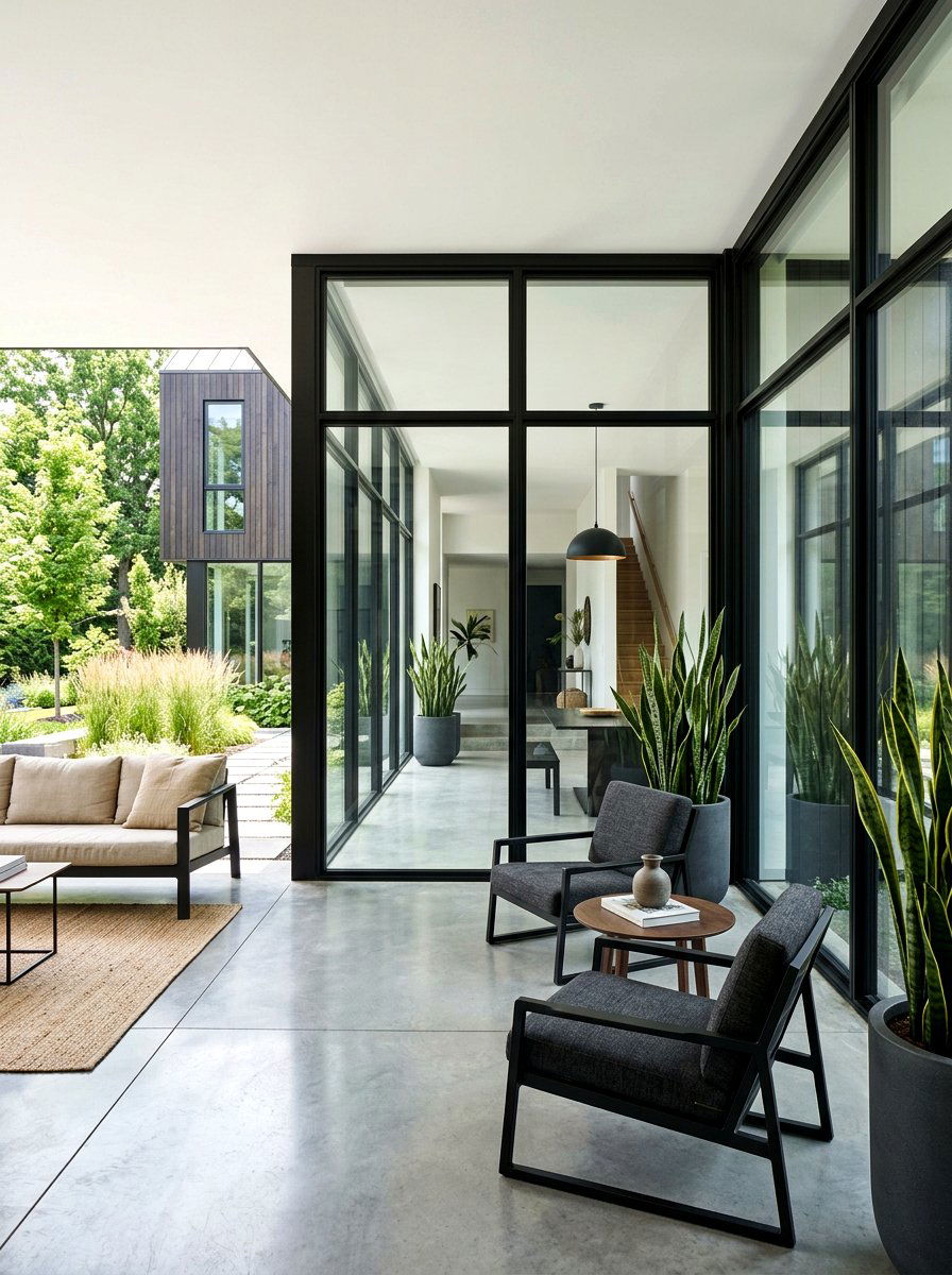 Modern black frame porch - 30 attached greenhouse porch ideas