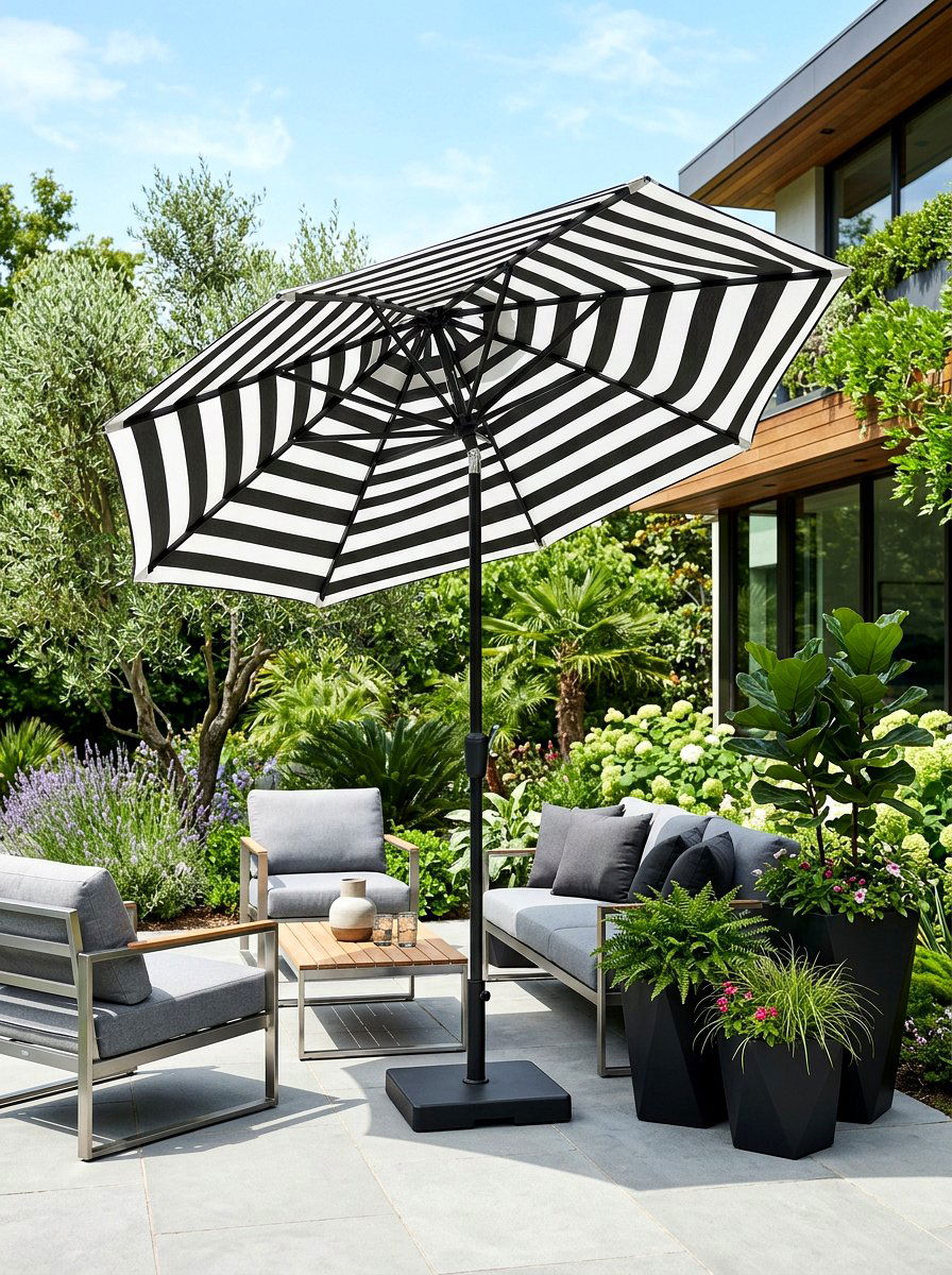 Modern black frame striped umbrella - 30 striped patio umbrella ideas